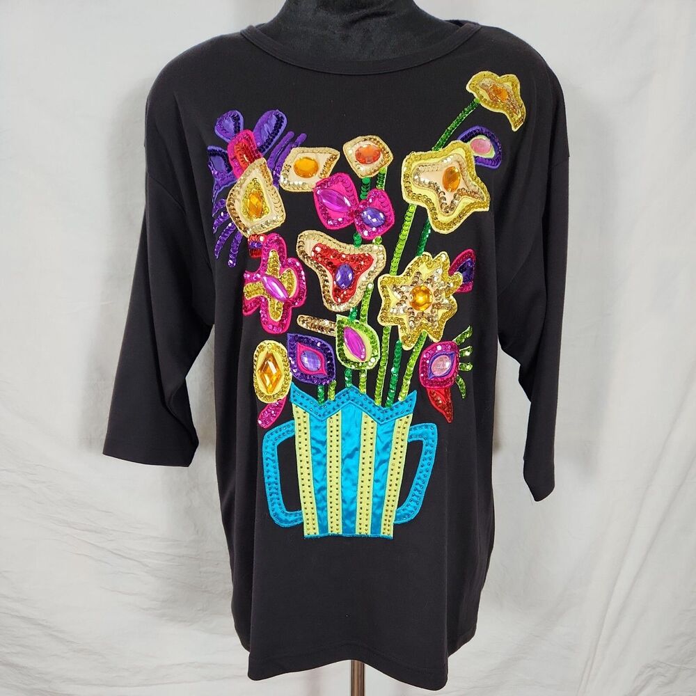 Vtg Victoria Harbour Medium Sequin Embellished Black 3/4 Sleeve Floral Shirt Top - Picture 1 of 11